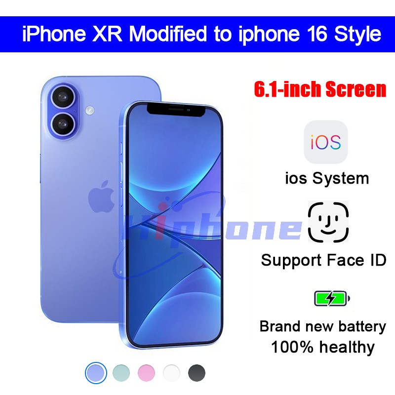 Original iphone XR in iphone 16 Flat Screen Cellphone Unlocked with iphone16 box&Camera appearance 3G RAM 64GB 128GB ROM Mobilephone,A+Excellent