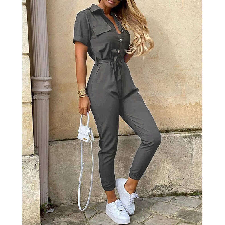 Summer European And American Women's Pants Casual Lapel Buckle Printed Waistband One-Piece Trendy Clothing Fashionable Temperament B1