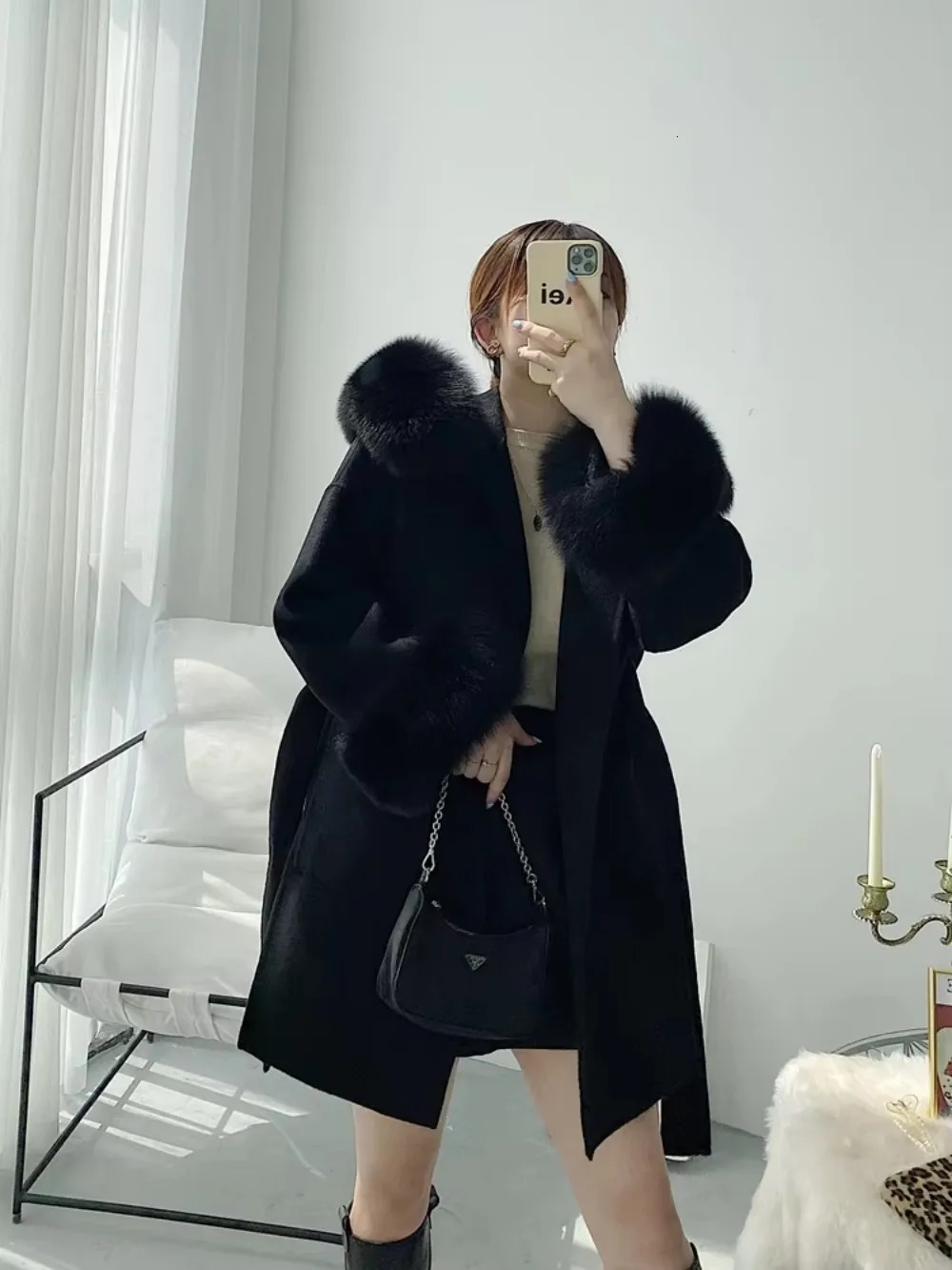 2023 woolen Coat Oversize Ladies Outerwear Winter Women Natural Fur Collar Cuffs Jacket Hood Cashmere Wool 241129