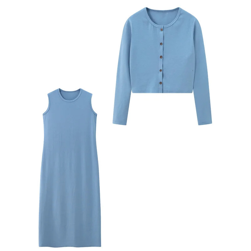 Autumn Women Long Sleeve Cardigan Suit Dress 2024 Solid Color Singlebreasted Top Sleeveless Set Female Casual Outwear 241129