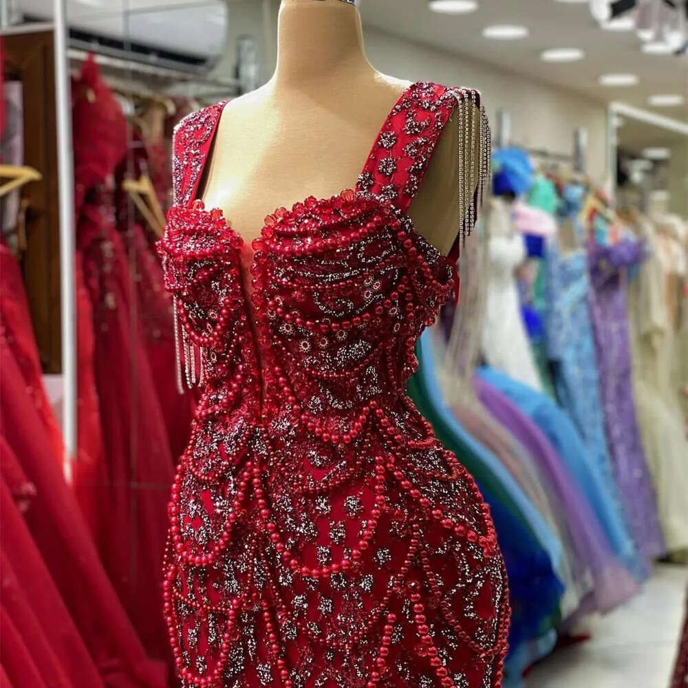 Ebi Mermaid Red Aso August Prom Dress Pearls Crystals Urious Evening Formal Party Second Reception Birthday Engagement Gowns Dresses Robe De Soiree Es