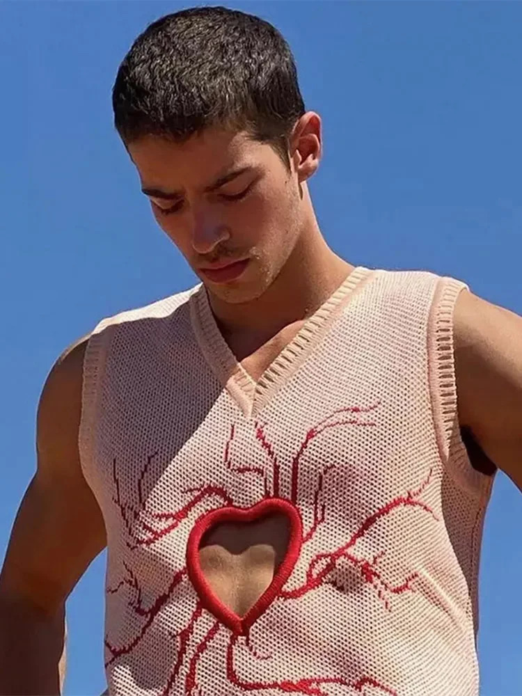 Autumn Love Hollow Out Jacquard Mens Sweater Vest Loose V Neck Sleeveless Knitted Sweaters Street Harajuku Pullover Waistcoat 241129