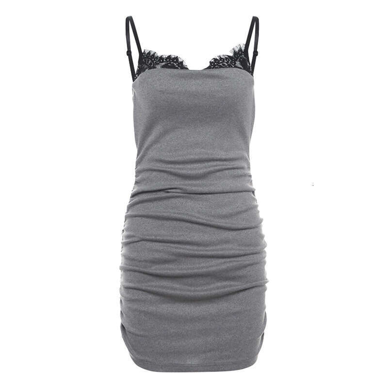 Wind 2024 Summer New Women's Lace Wrapped Chest, Contrasting Color Splicing Fake Two piece Dress