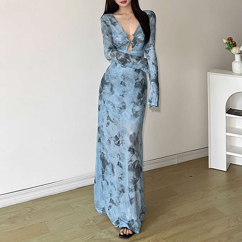 Wind 2024 Summer New Women's Elegant V-neck Blue Spot Pattern Long Sleeve Slimming Dress