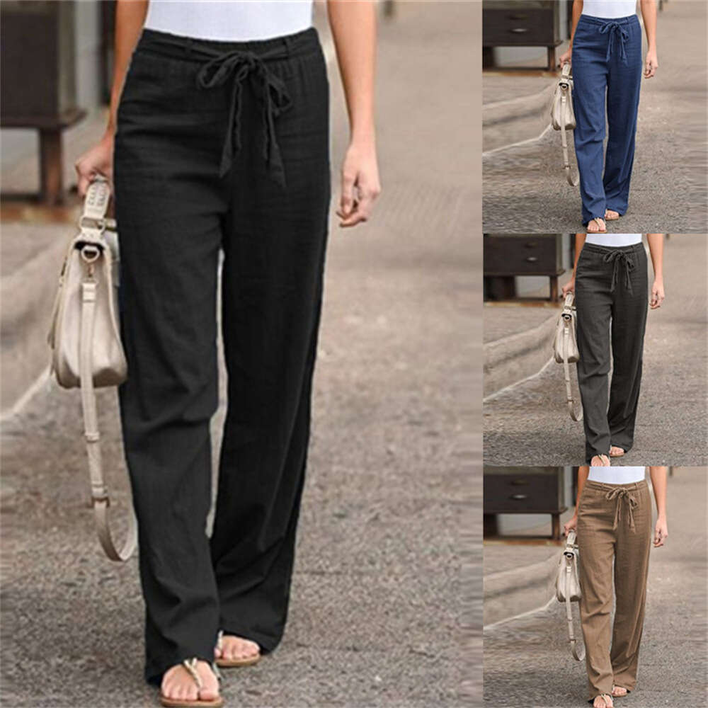 Women's Summer Elastic Waist Solid Color Cotton Hemp Leg Pants Wide Long Trendy Clothing Fashionable And Casual Temperament B4