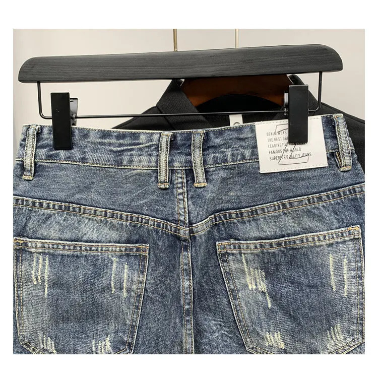 Summer Mens Scraped Worn Slim Fit Denim Shorts Fashion Personalized Wash Blue Jeans Short Pants 240428
