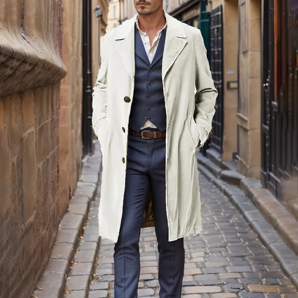 Autumn Winter Style Windbreaker MenS MidLength Corduroy SingleBreasted Suit Collar Fashion Trend Casual Simple Jacket Men 241129