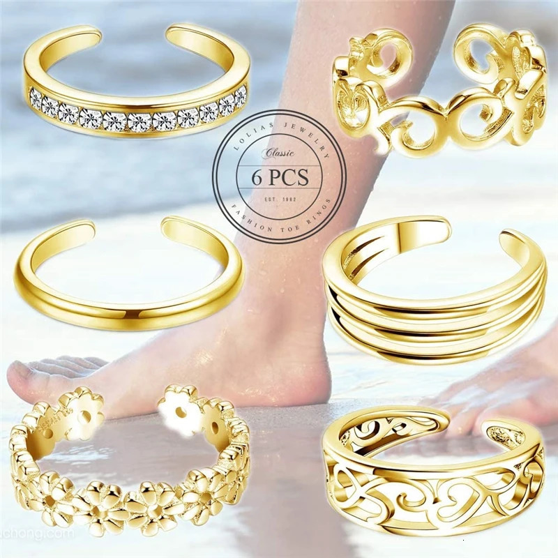 6Pcs Summer Beach Foot Jewelry Open Toe Rings for Women Adjustable Midi Finger Toe Band Ring Set Gifts White CZ 240426