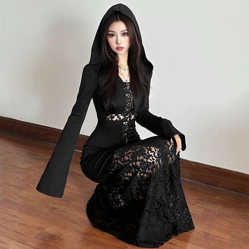 Wind 2024 Autumn New Women's Gothic Style Black Lace Unique Cross Sewing Dress
