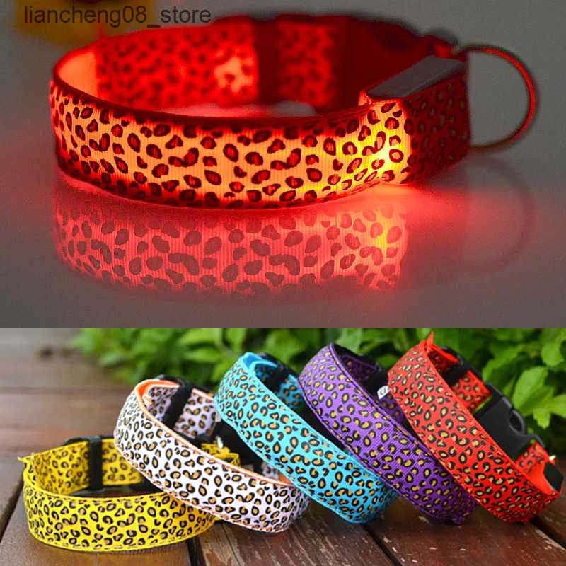 Dog Harnesses Leopard LED Dog Collar Luminous Adjustable Glowing Collar For Dogs Pet Night Safety Nylon Collar Luminous LED Bright Dog Collar Q250422