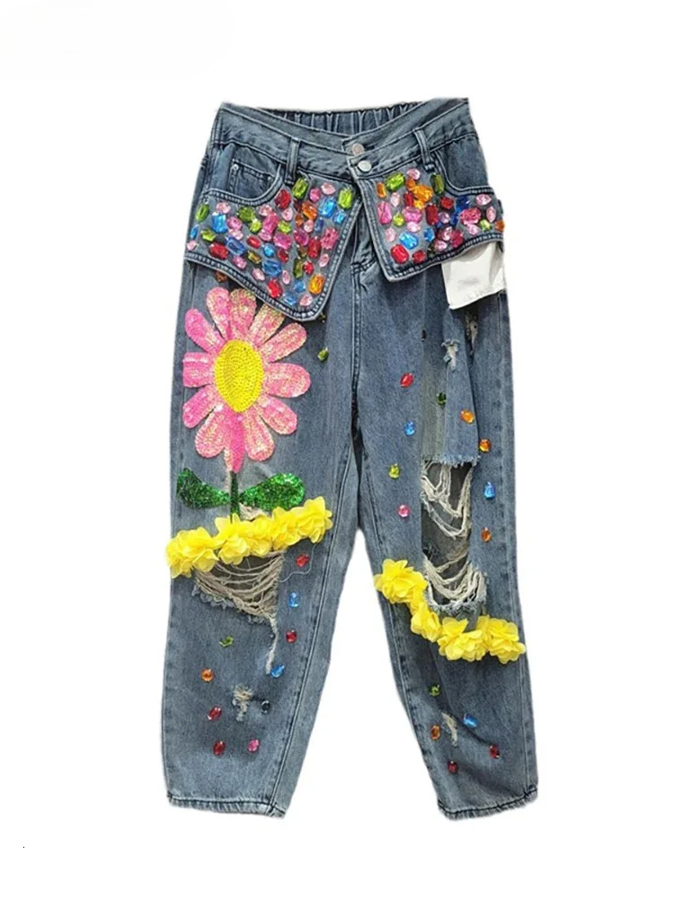 Women Jeans Patchwork Pockets Elastic Waist Sequins Wer Dia Broken Holes Denim Pants Autumn New Fashion jeans for women