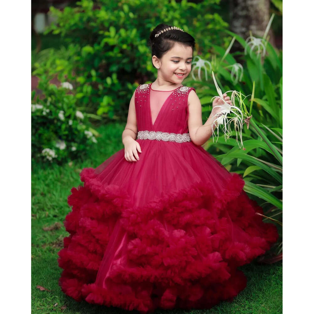 Ball Flower Bury Crystals Dresses Gown Tiers Vintage Little Girl Christmas Peageant Birthday Christening Tutu Dress Gowns Zj S