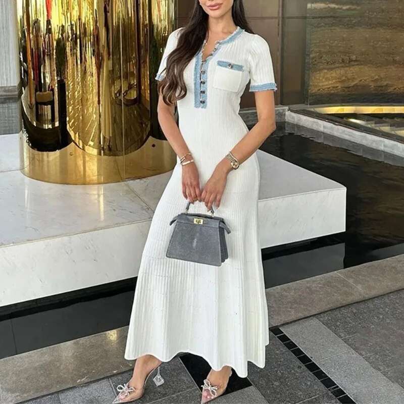 Elegant V Neck Denim Patchwork Knit Maxi Women's Fashion Short Sleeve Button Slim Dress Office Ladies Pocket Robe