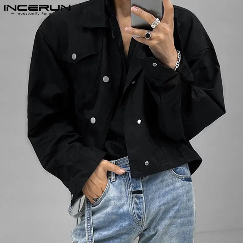INCERUN Mens Jacket Collar Long Sleeve Solid Color Button Mens Fashion Street Clothing Casual Thin Coat S-5XL 241128