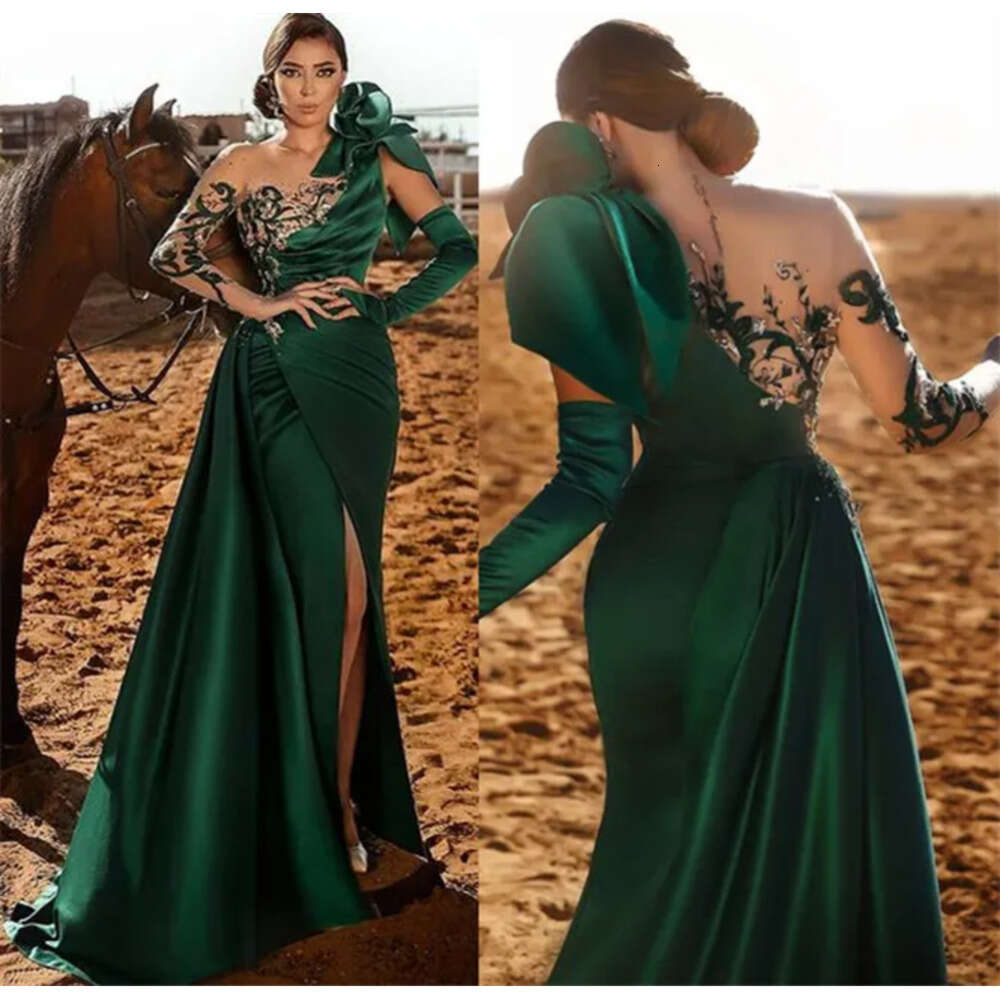 Size Aso Ebi Arabic Plus Green Mermaid Lace Prom Dresses Beaded Sheer Neck High Split Evening Formal Party Second Reception Gowns Zj
