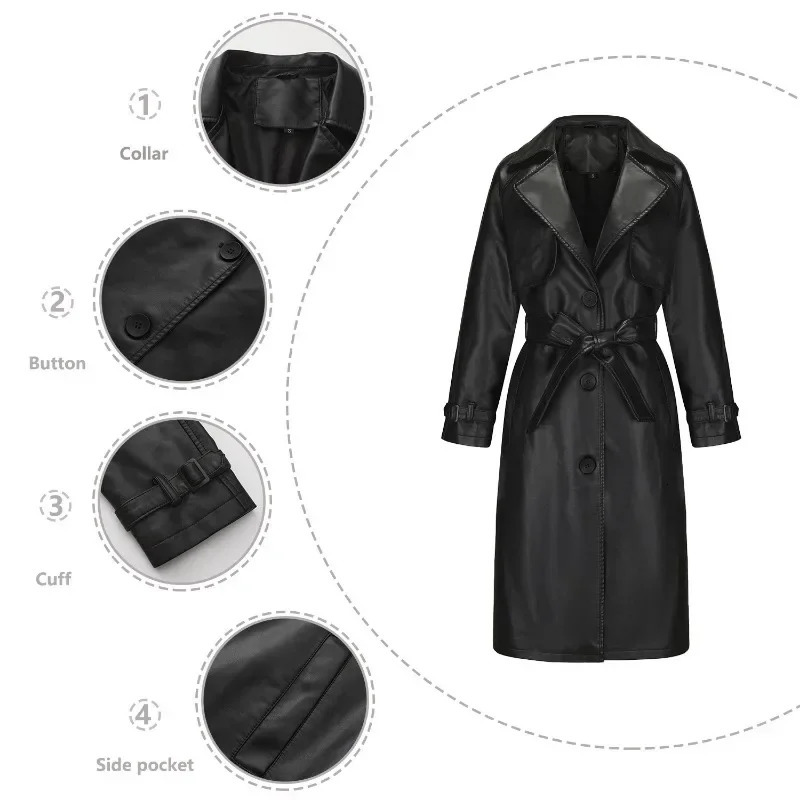 BTQWFD Womens Long Leather Trench Coat with Belt Button Single Breasted Loose Fashion 2024 Spring Autumn Winter Outerwear 241129
