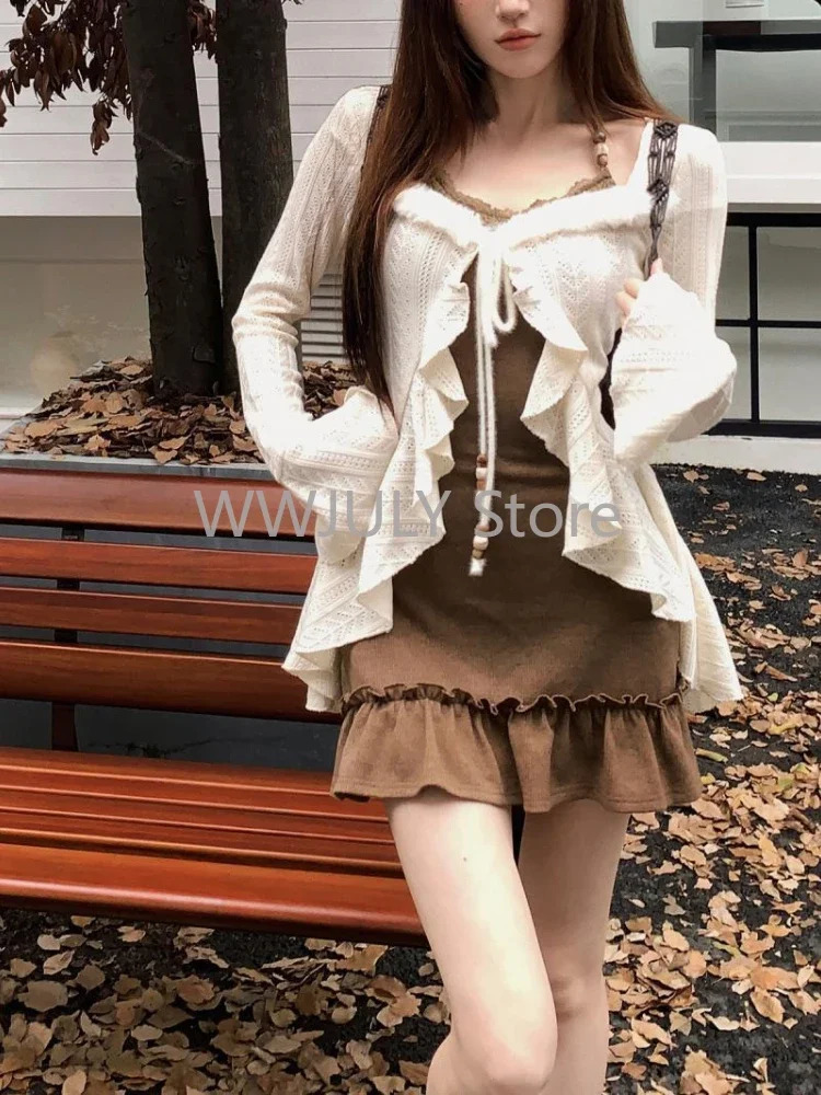 American Style Vintage 2 Piece Set Spicy Girl Sexy Sleeveless Mini Dress Knitted Ruffle Y2k Cardigan Korean Fashion Suit Woman 241129