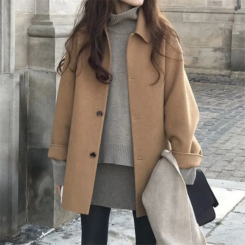 Fashionable Mediumlength Loosefit Camel Faux Woolen Jacket For Women 2023 Style Padded Layered Coat Trendy Overcoat 241129