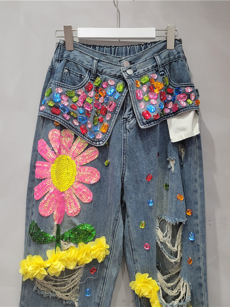 Women Jeans Patchwork Pockets Elastic Waist Sequins Wer Dia Broken Holes Denim Pants Autumn New Fashion jeans for women