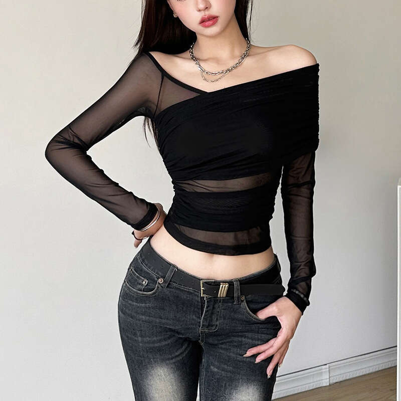 2023 New Autumn Style Sexy Spicy Girl with Unique Personality, Street Slim Fit, Slimming Mesh Long Sleeves