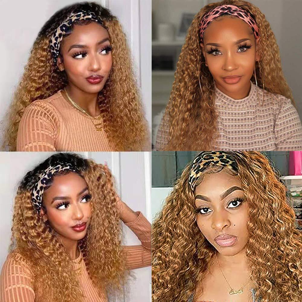 Ombre Blonde Headband Human Hair 1B/Bury 99J Brown Highlight Headbands Brazilian Deep Curly Ponytail Scarf Wig