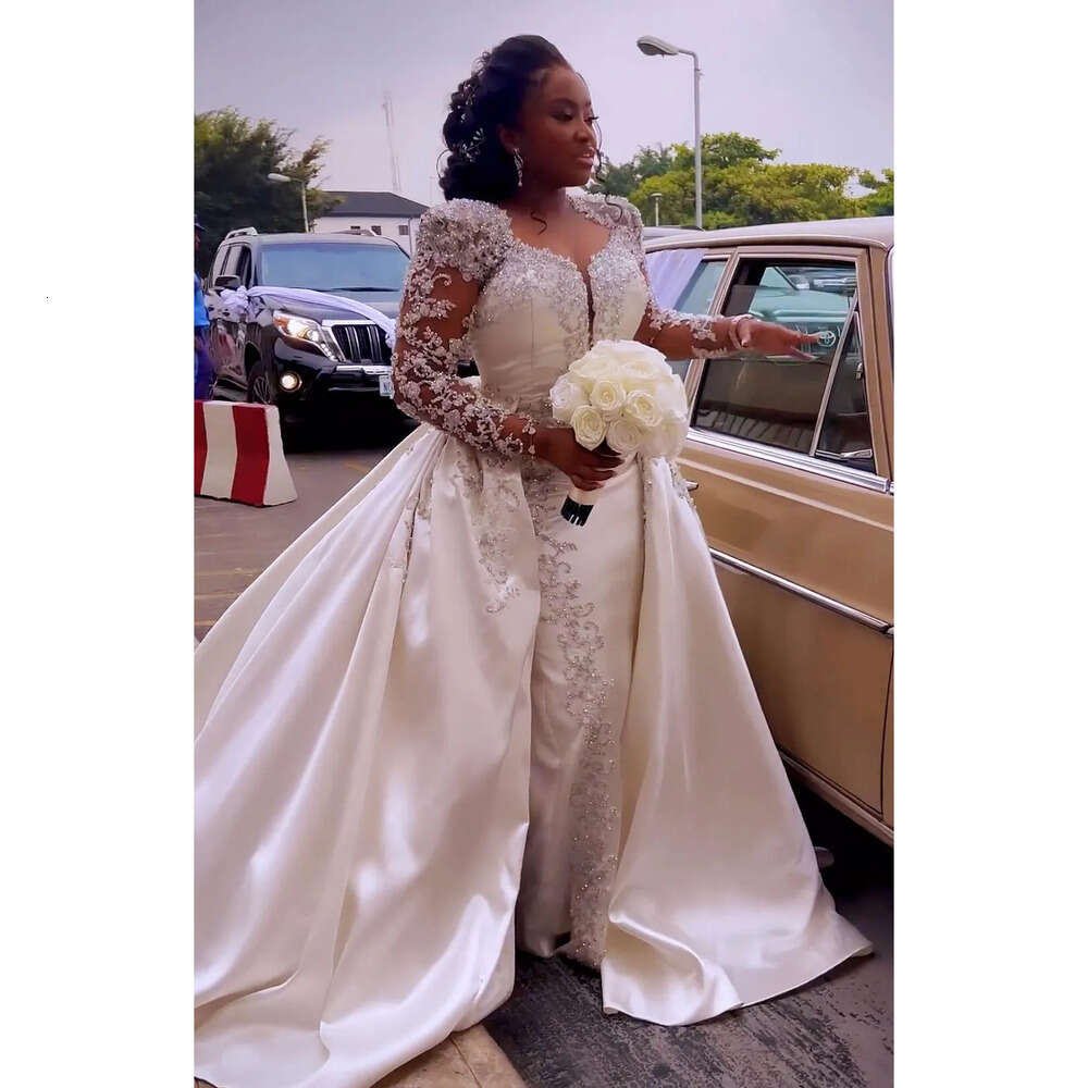 Mermaid Ivory Arabic Ebi Aso Wedding Dress Lace Beaded Pearls Vintage Bridal Gowns Dresses Zj Es Es