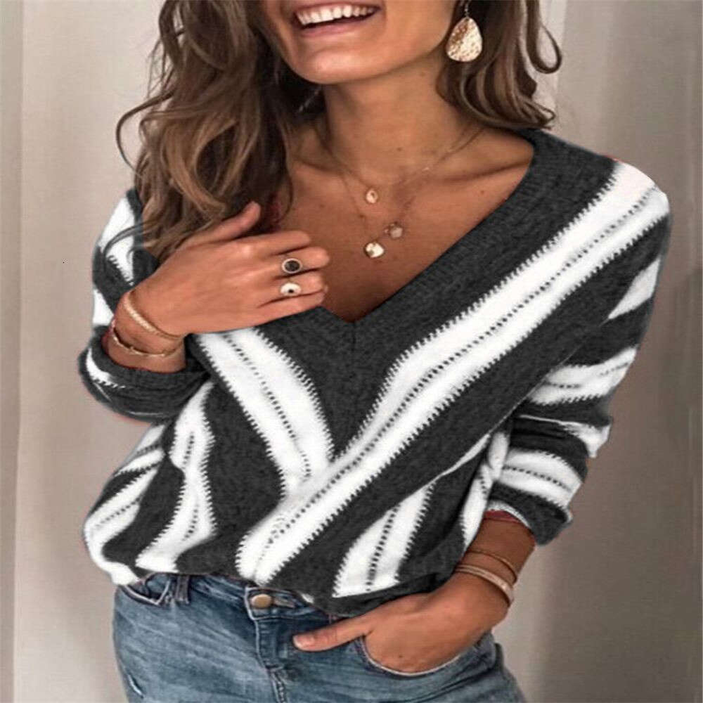 Autumn Winter Thin Style Commuting Base Sweater For Women, Loose V-Neck Long Sleeved Knitted Clothing From Europe America, Trendy Clothing, Fashionabl