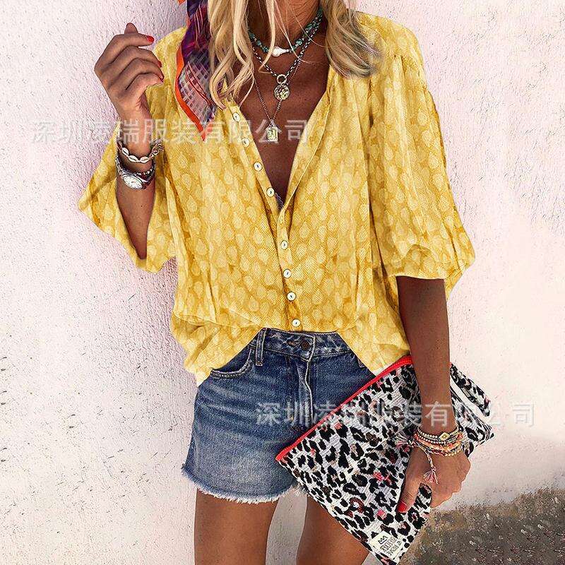 Spot European American Foreign Trade Women's W I S H Spring And Autumn Single Breasted Printed Long Sleeved Loose Collared Shirt Top Trendy Cloth