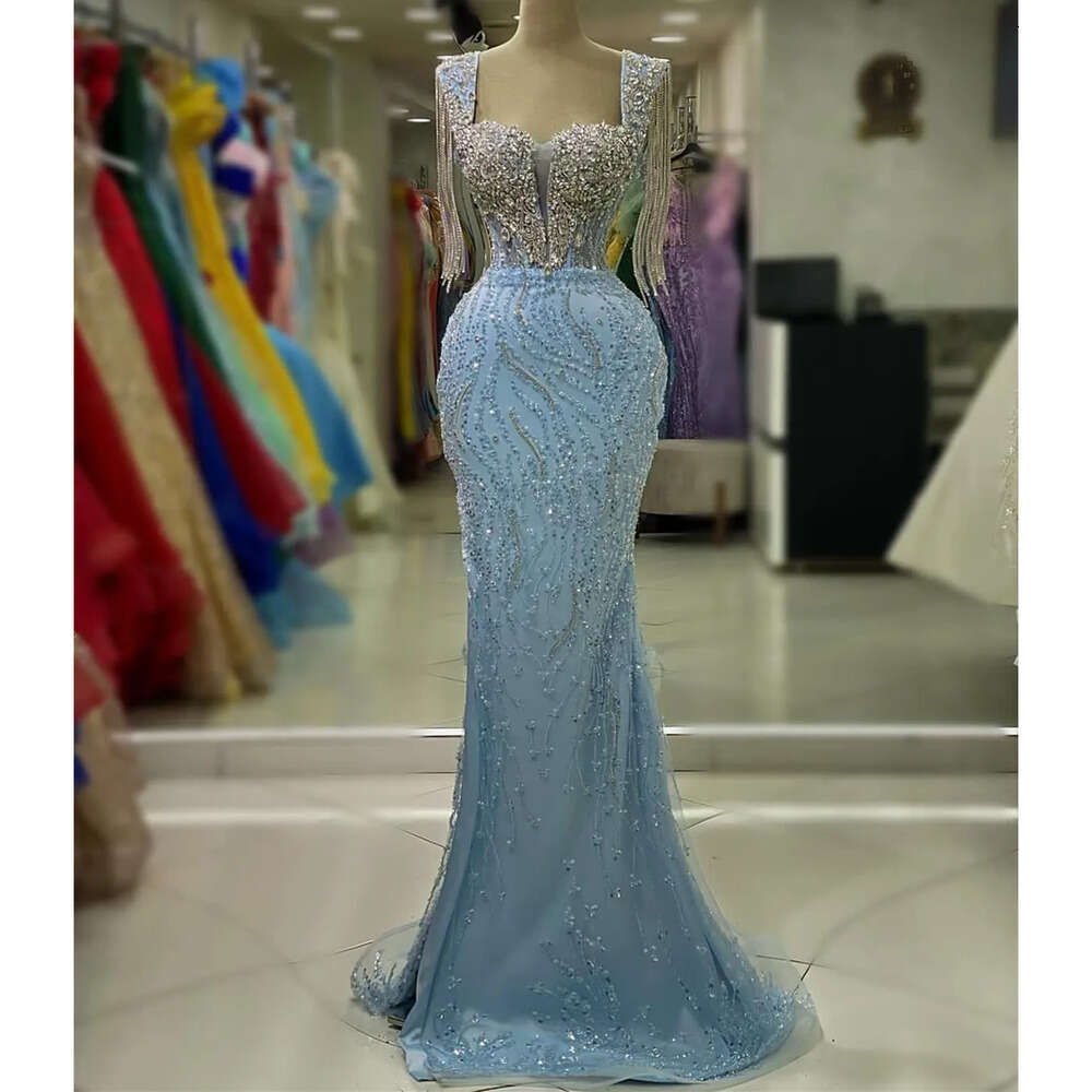 Ebi Arabic Mermaid Sky Aso Blue Prom Dress Crystals Sequined Lace Evening Formal Party Second Reception Birthday Engagement Gowns Dresses Robe De Soir