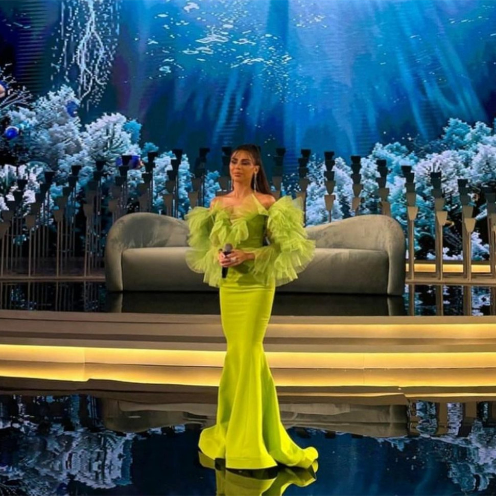 Elegant Long Sleeve Crepe Green Evening Dresses with Organza Ruffles Mermaid Muslim Sweetheart Sweep Train Zipper Back Prom Dresses Party Dresses for 