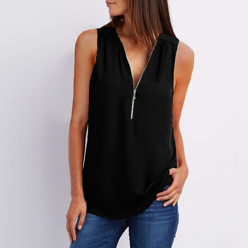 European And American V-Neck Zipper Sleeveless Loose Chiffon Vest 1 7 Color Trendy Clothing Fashion Casual Temperament B4
