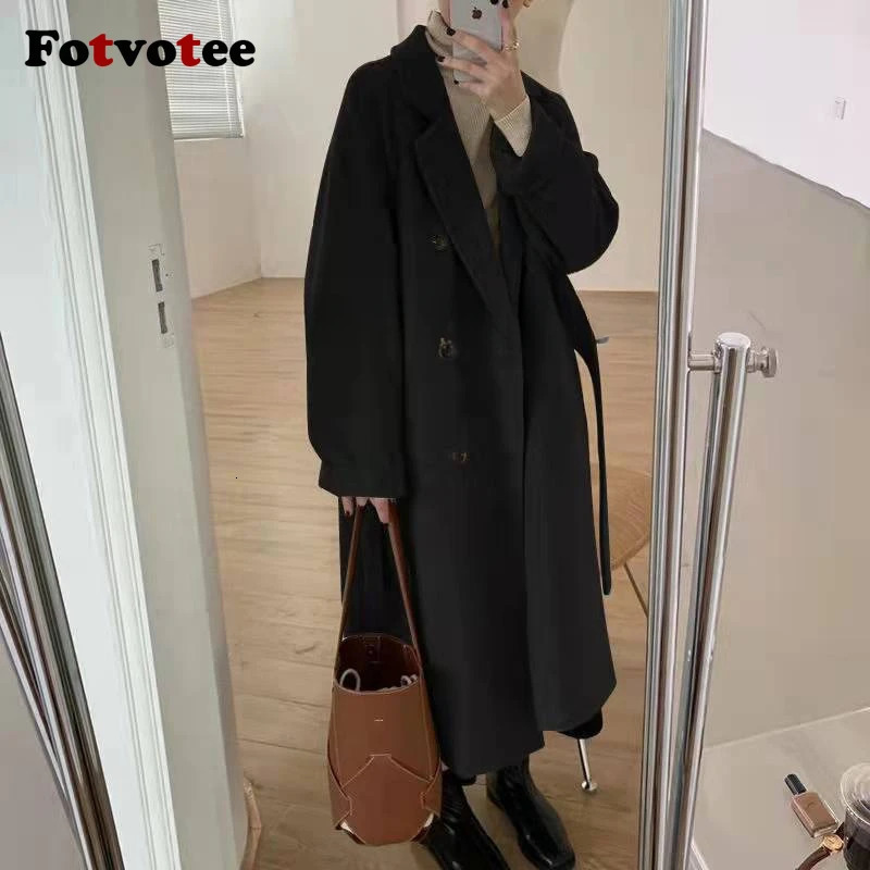 FOTVOTEE Women Midi Length Wool Coat Elegant Lapel Double Breasted with Belt Outerwear Autumn Winter Temperament Streetwear 241129