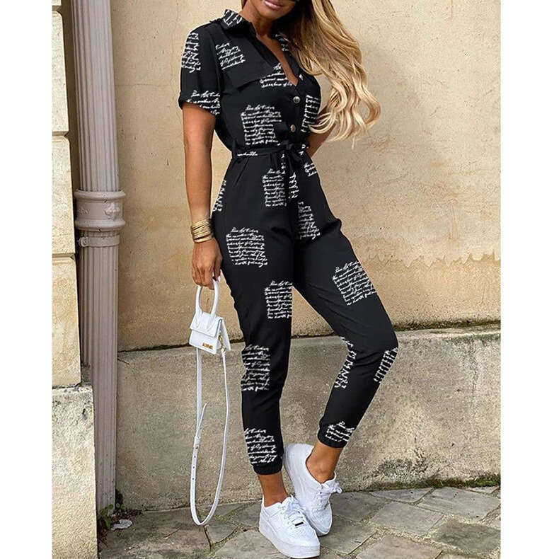 Summer European And American Women's Pants Casual Lapel Buckle Printed Waistband One-Piece Trendy Clothing Fashionable Temperament B1