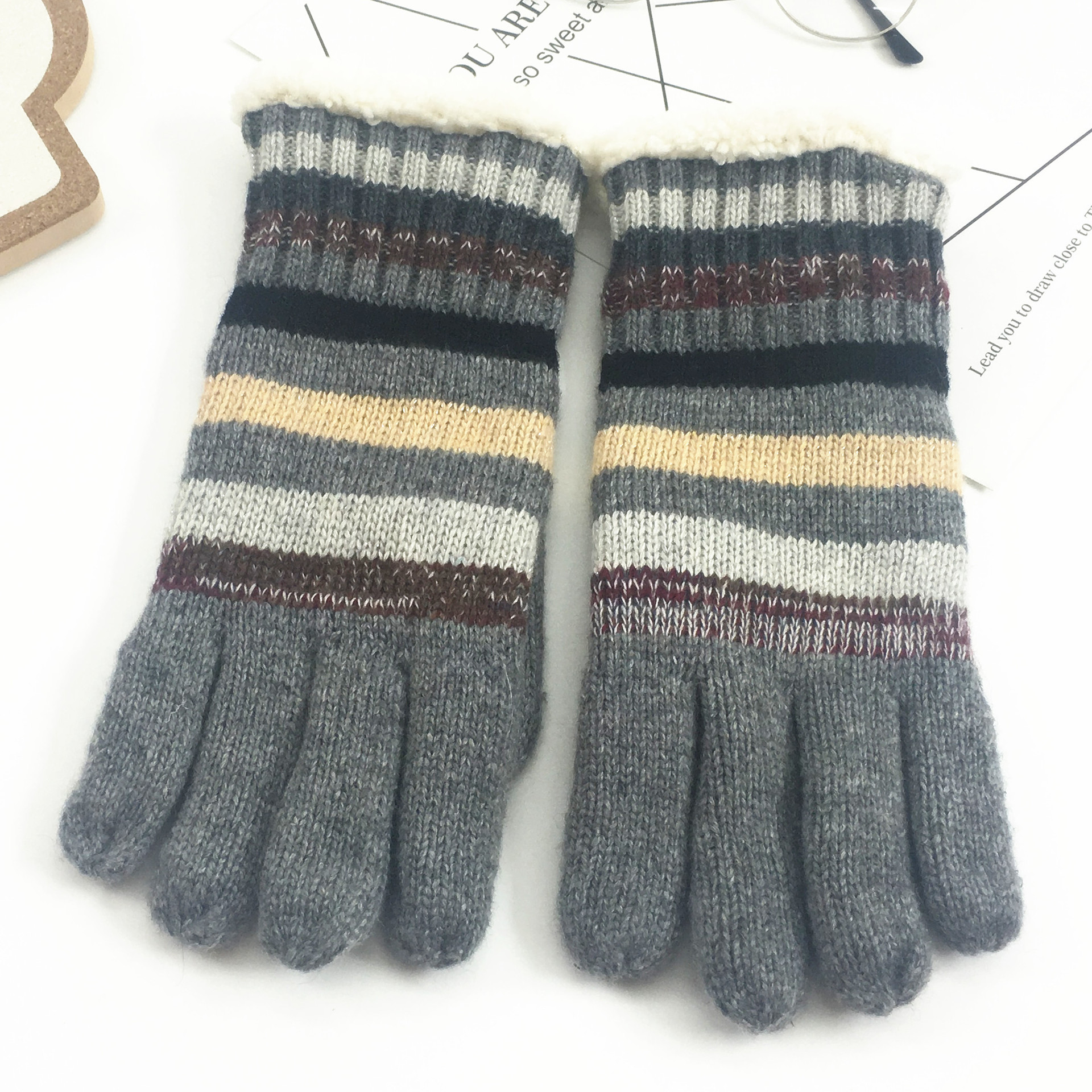 Winter gloves knitted wool gloves men's and women's thick double-layer warm woolen striped anti cold gloves wholesale