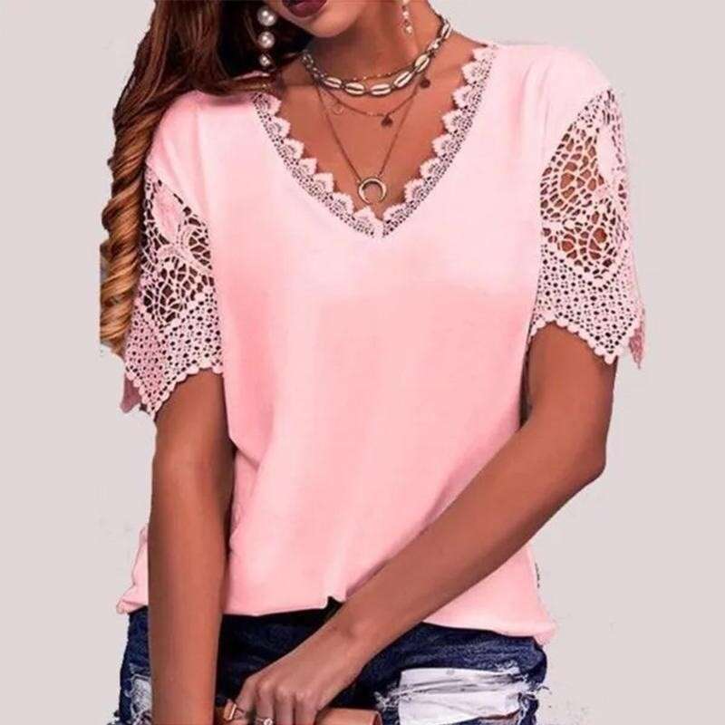 European American Women's Trade T-Shirt With Lace Ing, Loose V-Neck Short Sleeved Fashion, Fashionable And Casual Temperament B1