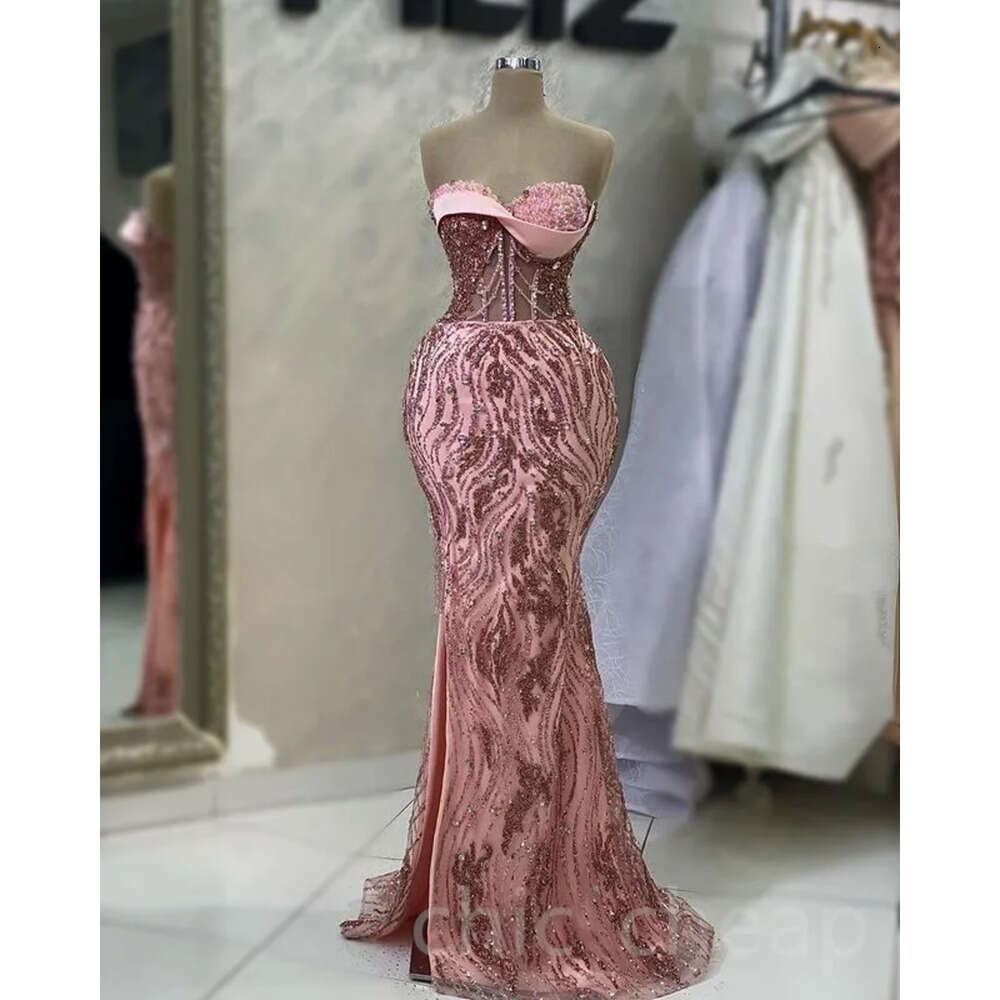 Ebi Mermaid Aso Pink April Prom Dress Crystals Beaded Lace Evening Formal Party Second Reception Birthday Engagement Gowns Dresses Robe De Soiree Zj E