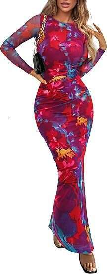 2024 Shein autumn new long sleeved ral print tight pleated sexy women's dress
