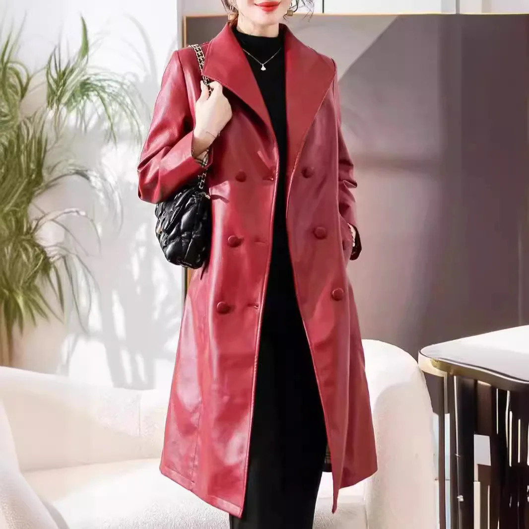 womens trench coat for autumnwinter 2024 in Haining China made of genuine leather long length knee over sheeps 241129