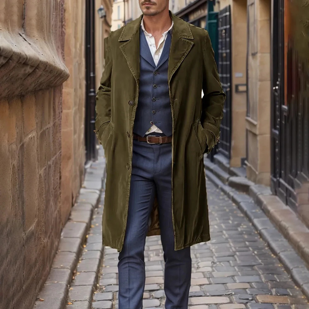 Autumn Winter Style Windbreaker MenS MidLength Corduroy SingleBreasted Suit Collar Fashion Trend Casual Simple Jacket Men 241129