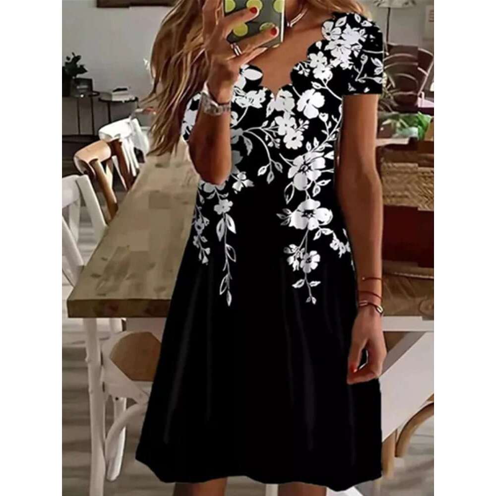 Independent Station Summer New European And American Women's Digital Print V-Neck Short Sleeved Dress Trendy Clothing Fashionable Casual Temperam