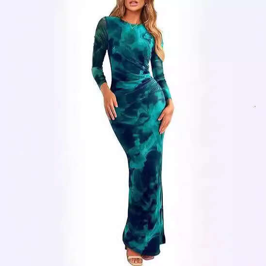 2024 Shein autumn new long sleeved ral print tight pleated sexy women's dress
