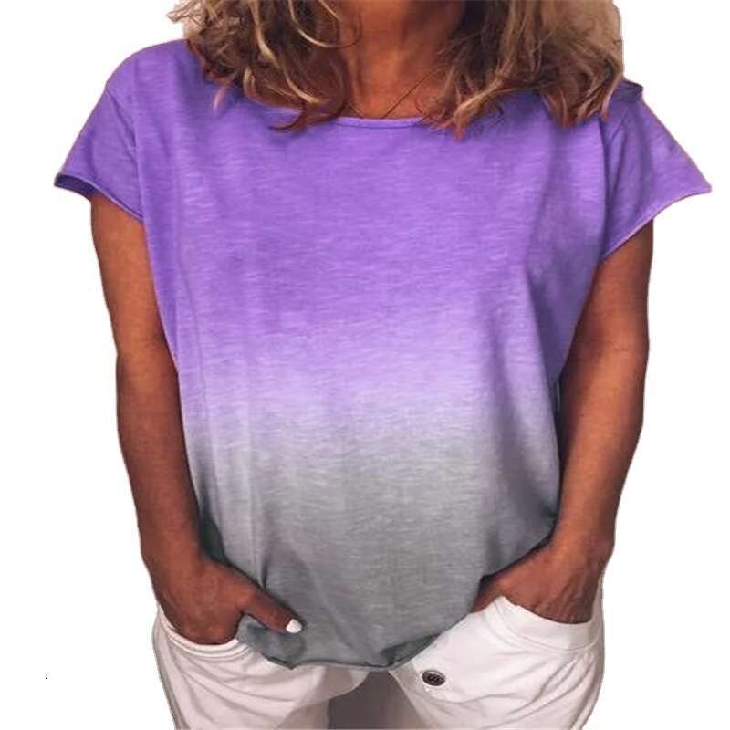 European And American Women's Summer Rainbow Gradient Print Round Neck Short Sleeved Loose T-Shirt Trendy Clothing Fashionable Casual Temperament