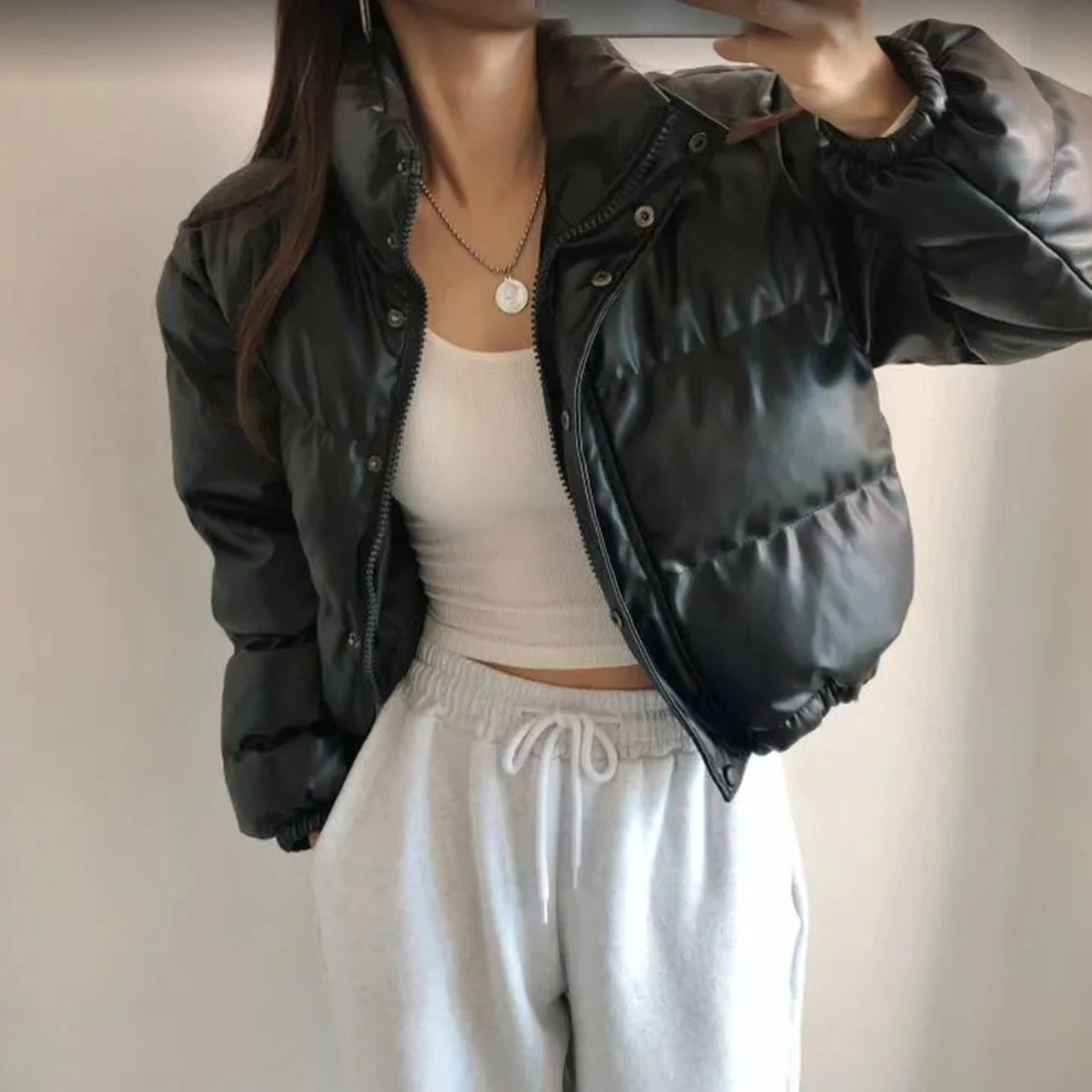 Ai.Fashion Winter Thick Black Faux Leather Parkas PU Short Coats Women Elegant Zipper Padded Jackets Female Ladies
