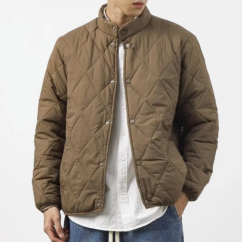 Standing Collar Cotton Quilting Jacket Coat Men Thick Winter Warm Cotton Diamond Grid Coat Lightweight Casual Jacket Outerwear 241126
