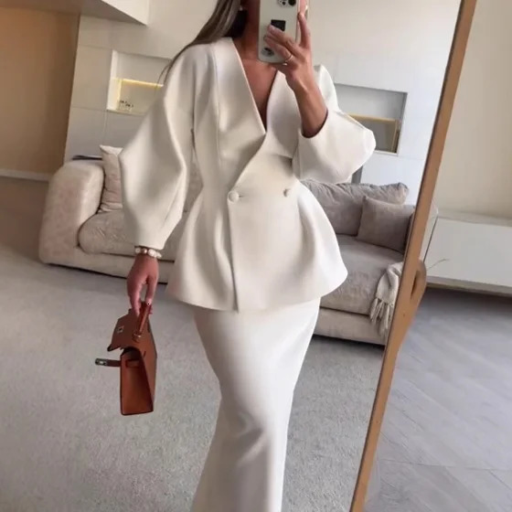 Women Fashion Solid Woolen Skirt Suits Elegant Stand Collar Full Sleeve Coat Loose Pleated Long Skirts Set 2024 Fall Lady Outfit 241129