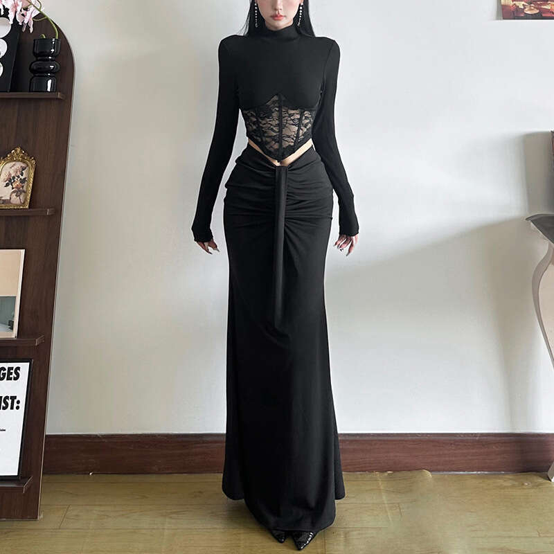 Wind 2024 Autumn New Women's High Collar Lace Hollow Top Slim Fit Hip Wrapping Half body Long Dress