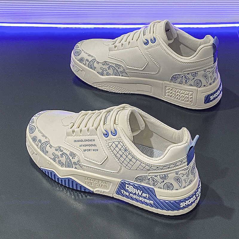 summer new leather cashew flower color blocked low top college style casual sports board shoes thick soled height increasing mens shoes M241129