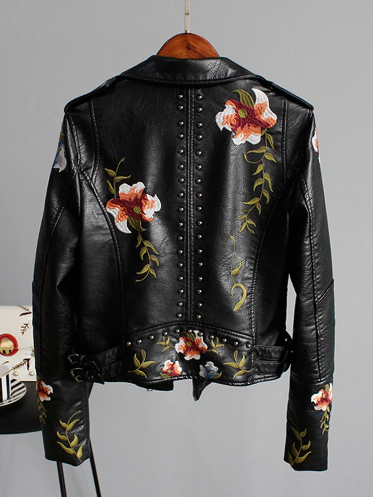 Ly Varey Lin Floral Print Embroidery Faux Soft Leather Jacket Women Pu Motorcycle Coat Female Black Punk Zipper Rivet Outerwear 241129