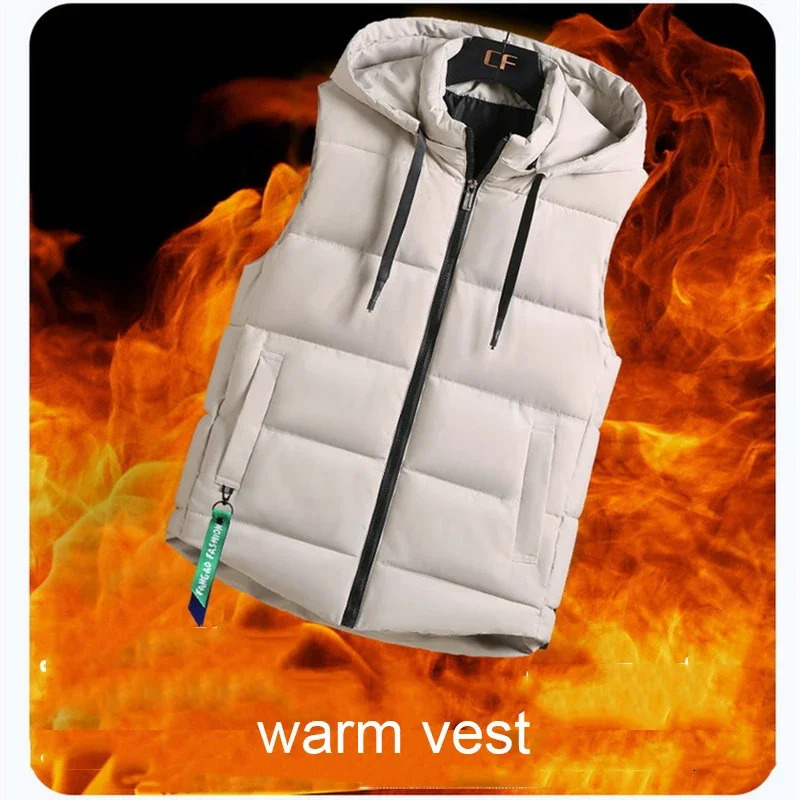 2024 Mens Vest Cotton Padded Warm Autumn and Winter Solid Sleeveless Jacket Windproof Detachable Hat Coat 241129