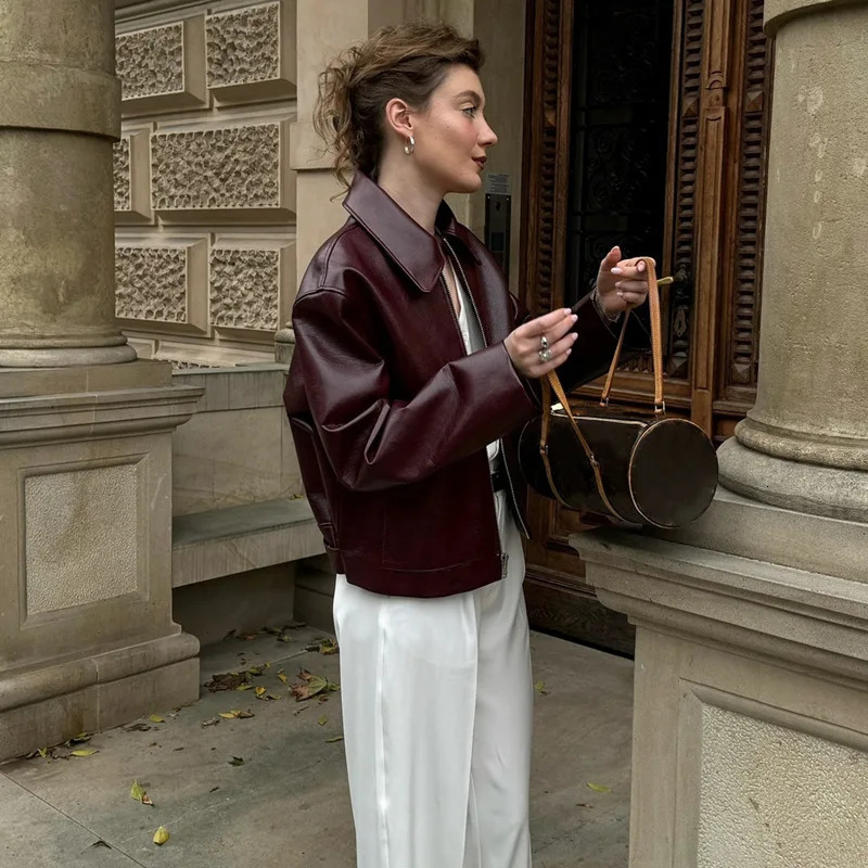 Womens Faux PU Leather Jackets Coat Autumn Winter 2024 Zip Up Streetwear Chic Vintage Burgundy Retro Motocycle Polo Outerwears 241129